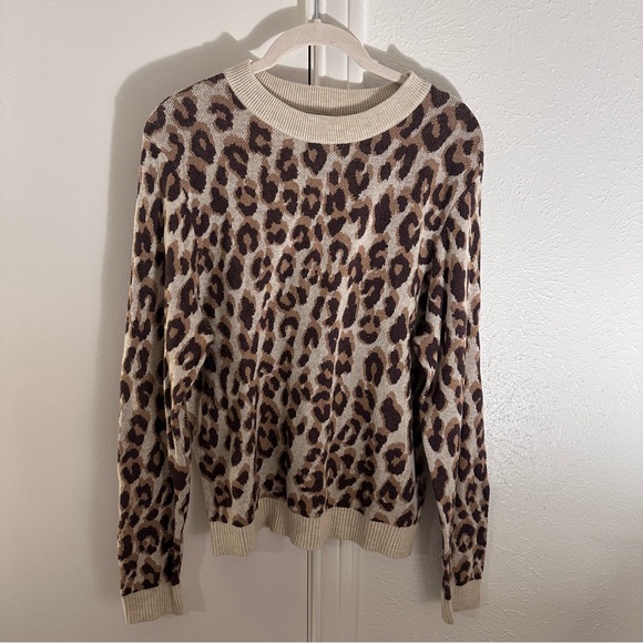 A New Day Cream Brown Leopard Print Knit Crewneck Pullover Sweater Size Small - Picture 7 of 11